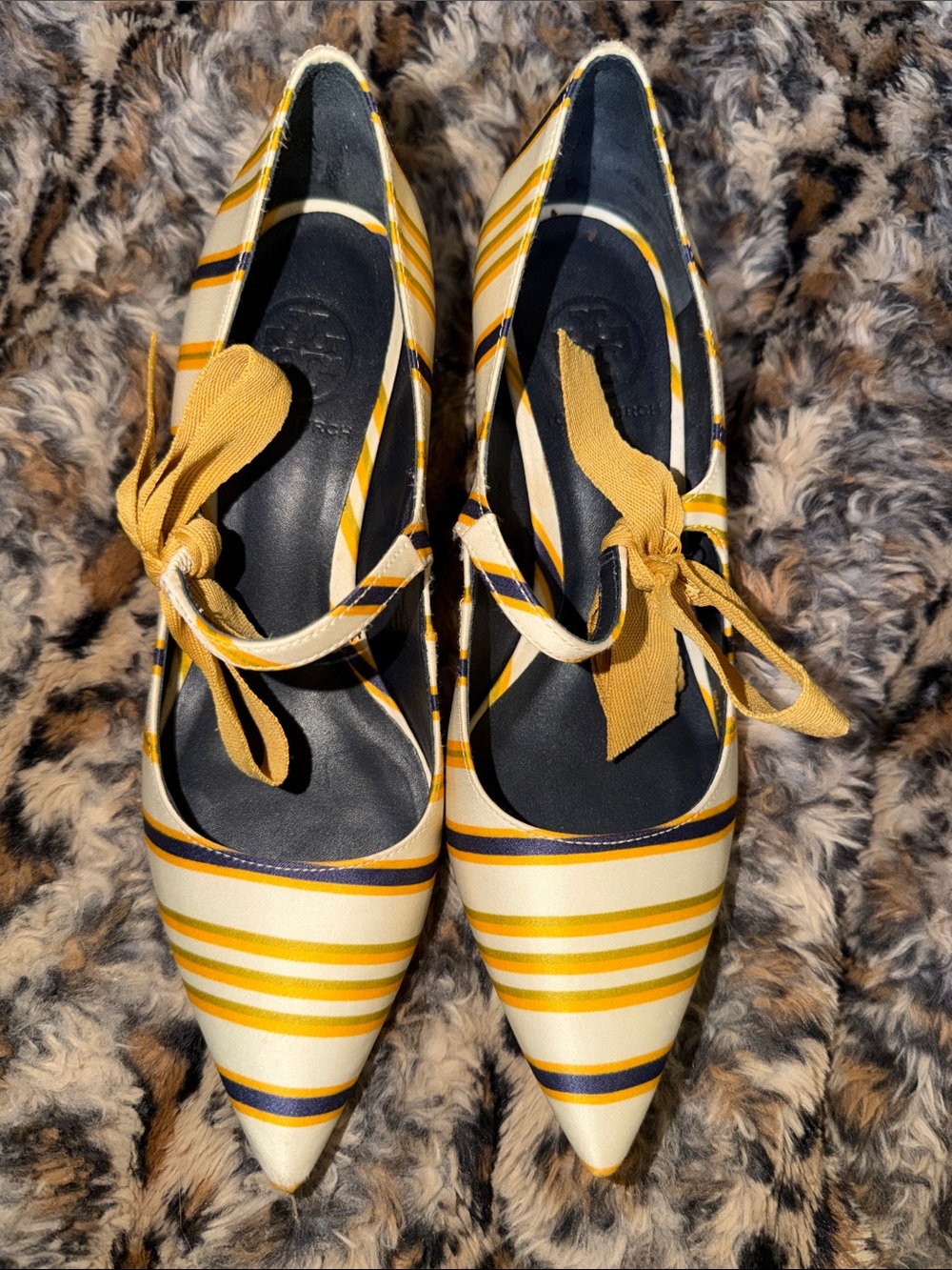 Women's Tory Burch Striped Pointed Toe Tie-Front Heels in Yellow and Navy